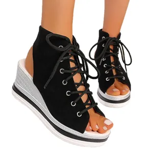 Stylish black lace-up platform wedge sandals featuring a peep-toe design for women
