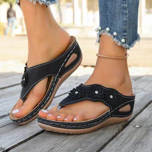 Sandalias de Dedo con Cuña para Mujer Flores Diamantes de Imitación Plataforma Flip Flops Cuero PU Zapatos de Playa Bohemios