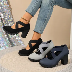 Close-up of stylish women's chunky heel platform Roman shoes in multiple colors and textures