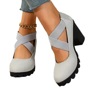 Fashionable women's gray block heel platform pumps with elastic cross straps and chunky soles