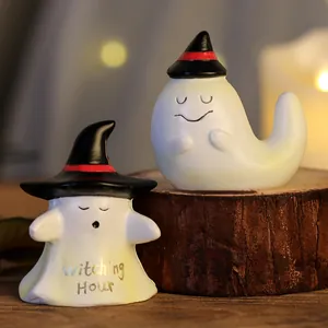 Adorable pair of Halloween resin ghost figurines with witch hats for home party decoration