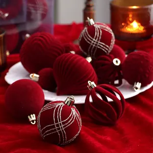 Set of 48 red flocked Christmas ornaments in various shapes for holiday tree decor