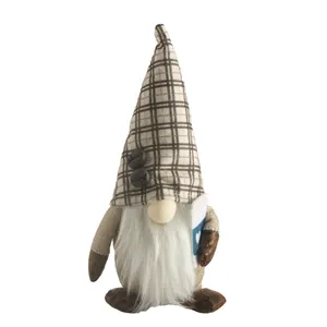 Coffee-themed faceless gnome plush doll with plaid hat and beard decoration for home.