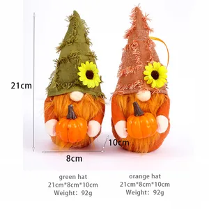 Thanksgiving harvest gnomes with sunflowers and pumpkins, green and orange hats, 21cm height