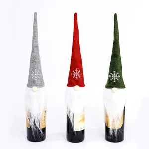 Set of 3 Christmas gnome wine bottle covers in grey, red, and green with snowflakes