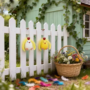 Dos lindas decoraciones de pollitos de Pascua con plumas en una valla de jardín blanca.