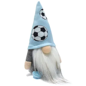 Close-up of a decorative soccer gnome plush with a light blue football print hat