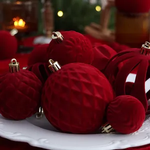 Set of luxury 8cm red flocked Christmas ball ornaments with intricate textures for festive trees