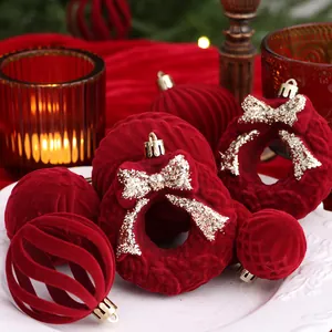 Luxurious red flocked velvet Christmas tree ornament set with ball and wreath pendant shapes