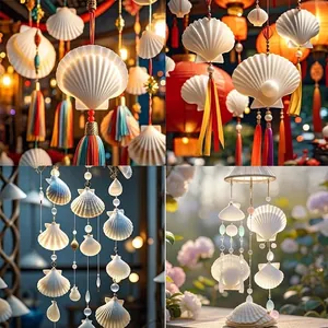 Gedetailleerde collage van schelpenambachten met windgongen en lichtgevende hangers