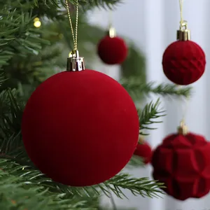 Set of luxury red flocked Christmas ball ornaments with velvet texture for tree decoration