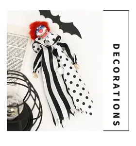 Creepy Halloween clown doll pendant featuring red hair and striped polka dot outfit