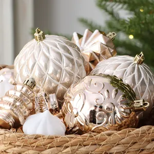62-piece elegant champagne and gold plastic Christmas ornament ball set in a woven basket