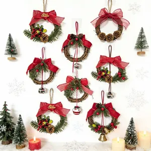 Christmas Wreath Hanging Ornament With Bowknot Bell Pine Cone Rattan Pine Needle Decor For Xmas Tree Door Party Wedding Decor