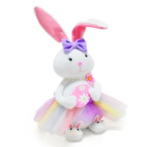 Adorable Easter bunny plush ornament in rainbow tutu skirt with floral egg