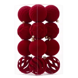 Set of 12 red flocked Christmas ornaments in 8cm size, featuring varied textures and box.