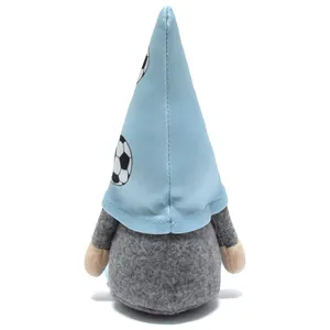 Back view of soccer themed gnome plush with blue football print hat