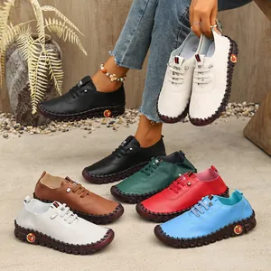 Zapatos Casuales de Mujer Cosidos a Mano de Cuero Suave Planos Confort Sneakers Mamá Primavera Otoño Tallas Grandes