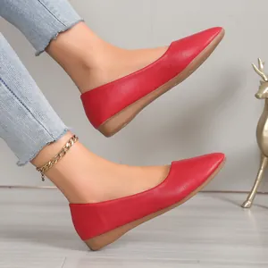 Detailed side view of red pointed-toe flat shoes with a comfortable low wedge heel