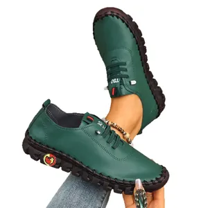 Zapatos casuales de mujer verde oscuro cosidos a mano con cordones y suela plana para diario