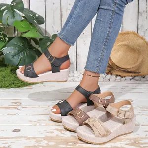 Women's Fashion Peep Toe Wedge Sandals Platform Buckle Rivet Casual Summer High Heels Sandals With Weave Texture