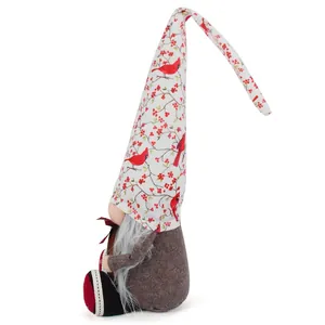 Christmas gnome plush doll with long cardinal bird and red berry patterned hat