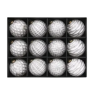 Antique style 12-piece white textured Christmas bauble ornaments in black gift box
