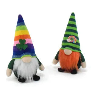 Close-up of St. Patrick's Day gnomes featuring vibrant rainbow stripes and shamrock details