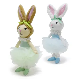 Sweet plush Easter ballerina rabbit ornaments in green and blue tutus for holiday decor.