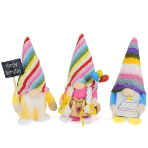 Set of 3 plush birthday gnomes with rainbow hats and festive accessories