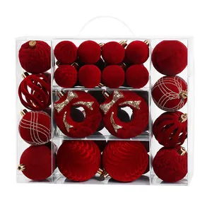 Premium 48-piece flocked red Christmas ball ornament set in a clear storage box.