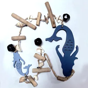 Mediterranean wooden mermaid wall hanging with seashells and bells decor