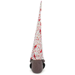Handmade rustic Christmas gnome decoration with cardinal bird and berry tall hat