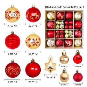 44-teiliges Set roter und goldener Weihnachtsanhänger mit Kugeln und Sternmotiven