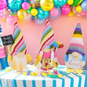 Birthday Gnome Plush Doll Faceless Gnome With Balloon Cake Happy Birthday Sign Rainbow Striped Nordic Gnome Party Decor Gift