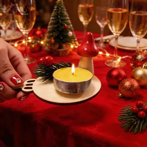 Festive handheld Christmas mushroom wooden candle holder with tea light on red table