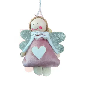 Plush Christmas angel girl pendant with pink velvet dress and silver glitter wings
