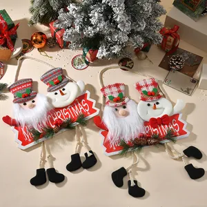 Handmade fabric Santa and Snowman Christmas hanging ornaments with red banner and rope legs