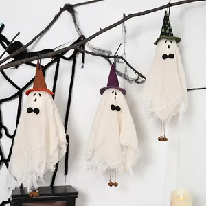 Halloween Decoration White Ghost Pendant with Witch Hat Wind Chime For Home Party Haunted House Indoor Outdoor Hanging Decor