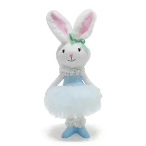 Detailed view of plush Easter bunny doll wearing a sweet blue tutu dress decoration.