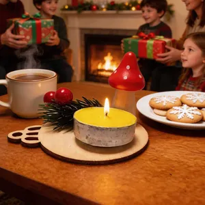 Festive mushroom candle holder set with round wooden base and lit yellow candle for Christmas