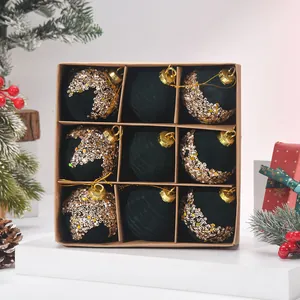 Luxury black flocked Christmas ball ornaments with gold sequins in a 9-piece gift box set