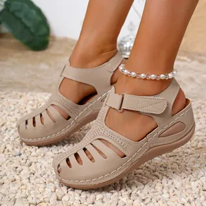 Comfortable women's beige wedge platform sandals with stylish closed-toe cutout design
