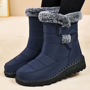 Waterproof women's mid-tube snow boots with cozy faux fur trim and velcro strap.