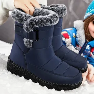 Women's waterproof snow boots with warm faux fur trim and velcro closure