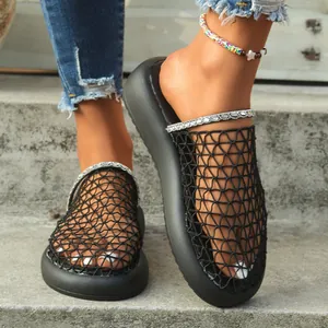 Breathable black mesh mule slippers with sparkling rhinestone chain strap for women