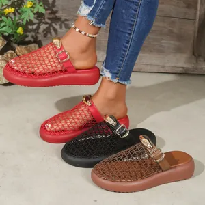 Detail of breathable mesh platform sandals with gold buckles in red, black, and brown.