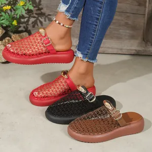 Breathable women's mesh platform mules with decorative gold buckle in multiple colors