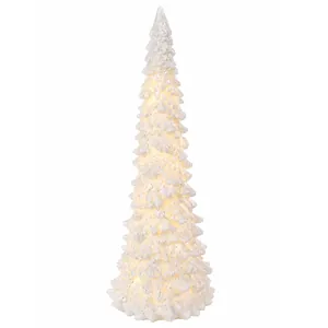 White snowy resin mini Christmas tree with warm LED light for tabletop decor
