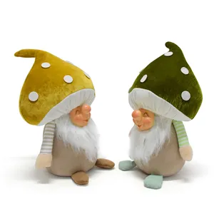 Detailed view of two cute mushroom-headed gnome figurines with soft white beards